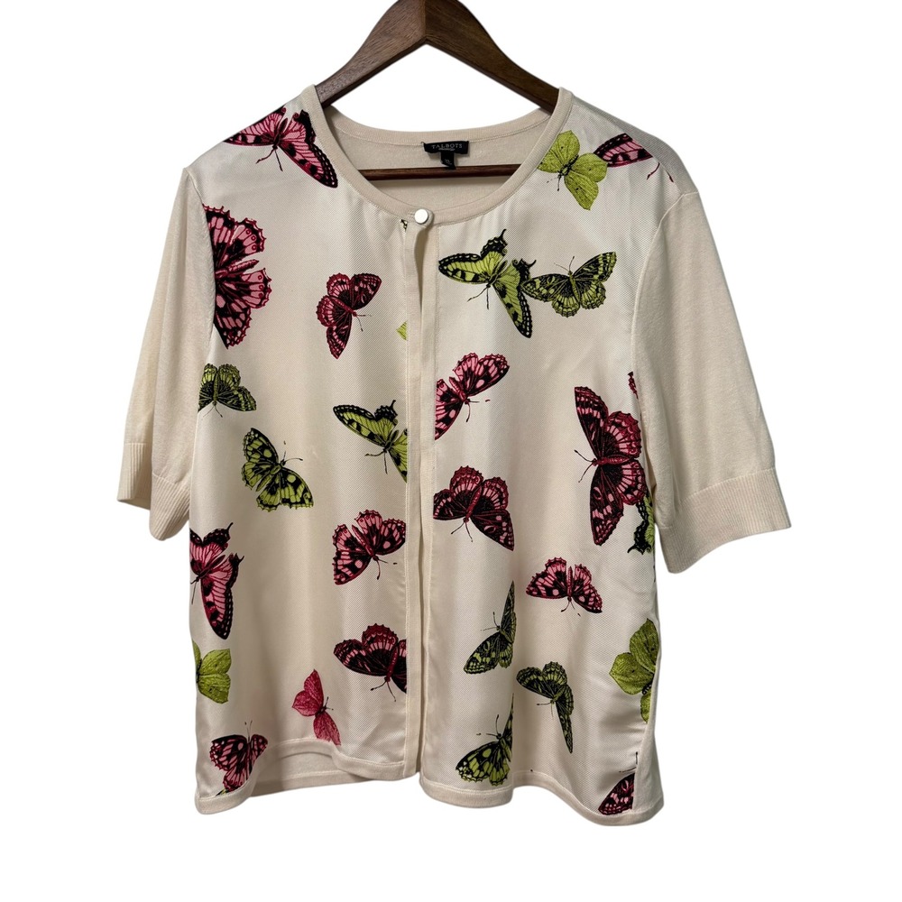 Talbots Cardigan Women XL Butterfly Print 100% Silk Cottagecore Art to Wear